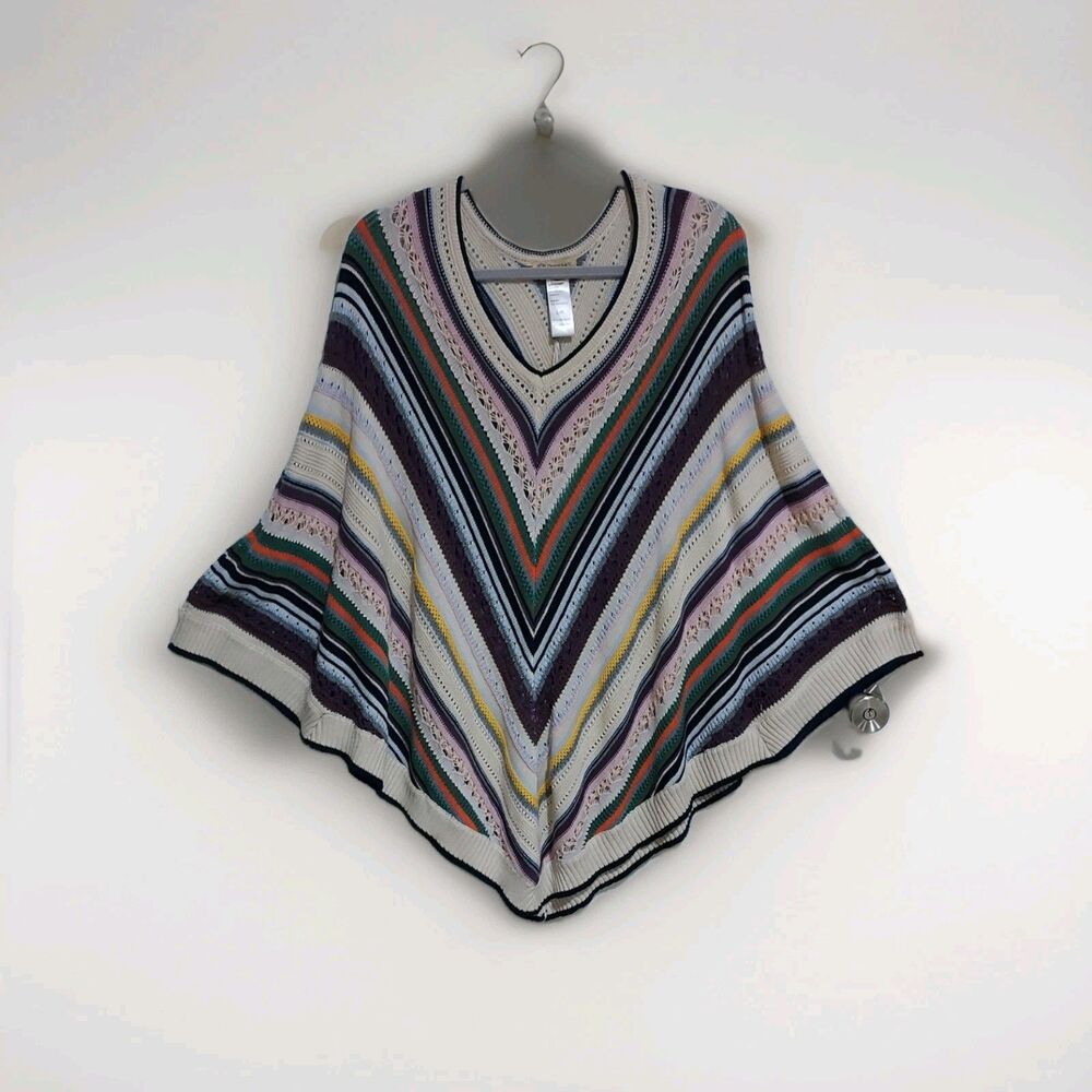Democracy Sweater Knit Women's L/XL Poncho Multicolor Bohemian Striped Cotton